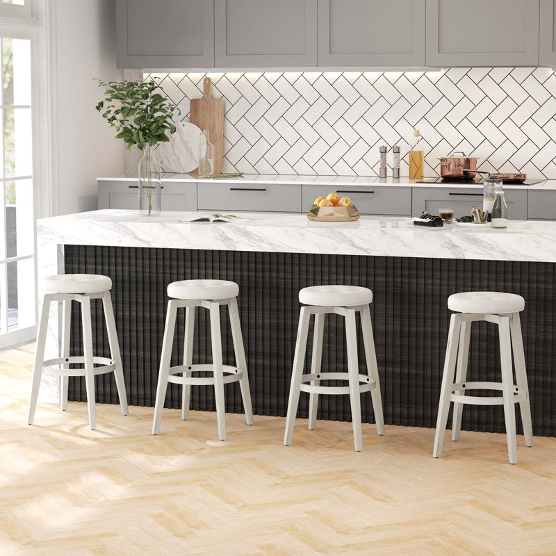 Nickolette Swivel Upholstered Counter Stool with Solid Wood Frame, Beige, Bar Stool (30” Seat Height)