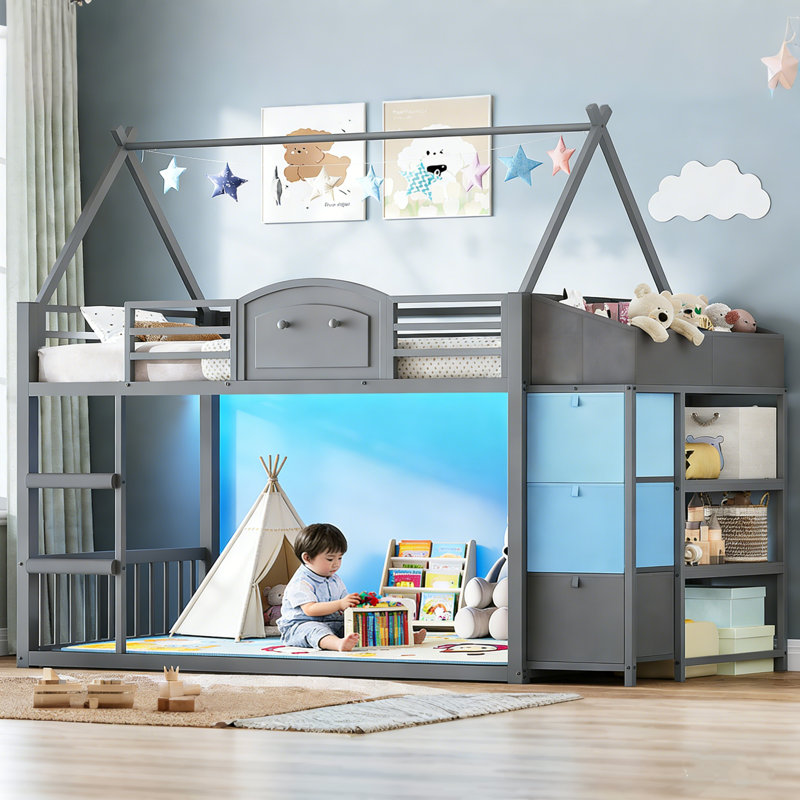 Low Loft Bed with Bookshelf, 3 Drawers & Storage Boxes | Twin Bunk Bed for Small Spaces, Gray