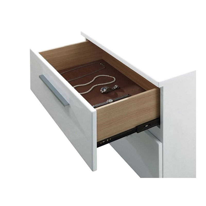 Table de chevet blanche brillante avec 2 tiroirs pour le rangement de la chambre à coucher et poignées en métal laqué