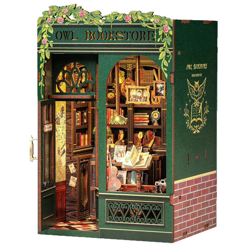 Ensemble de coin-livre miniature Diy | Décoration artisanale en bois hibou libellule 3D avec lumières DEL, décoration de table