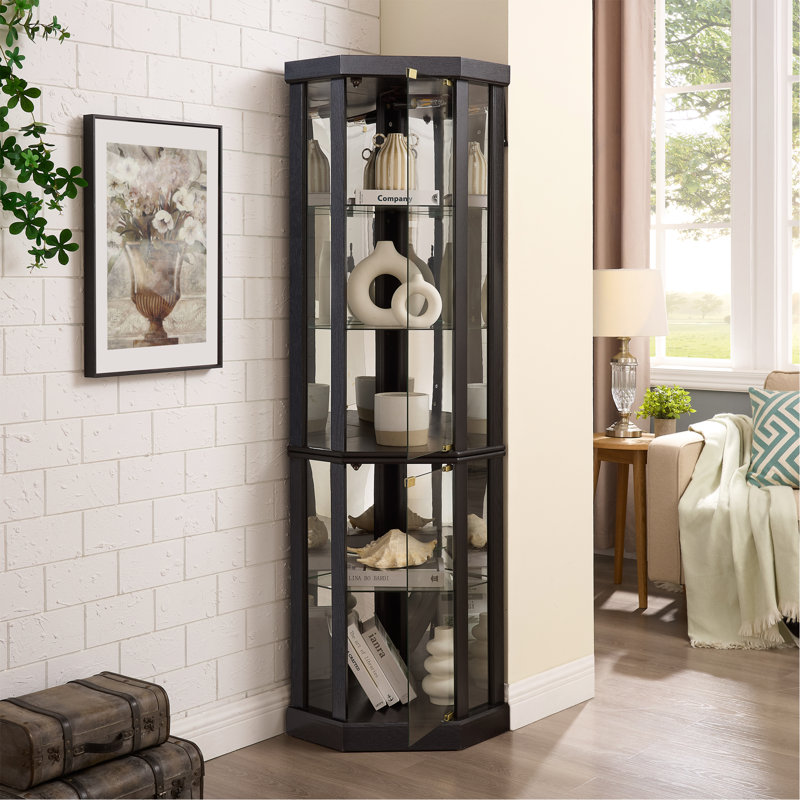 Lighted Corner Curio Cabinet - Elegant Glass Display Case For Living Room & Bar Storage - Perfect For Antique Collections & Wine - Includes Built-In Lighting