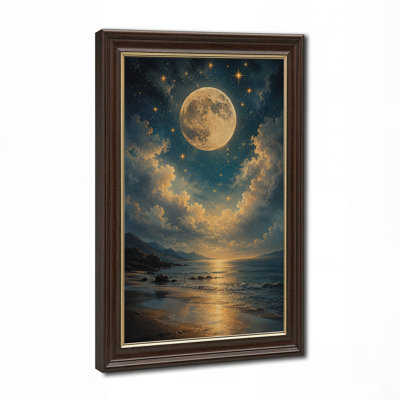 Art mural sur toile Glow Full Moon Over Golden Clouds and Ocean