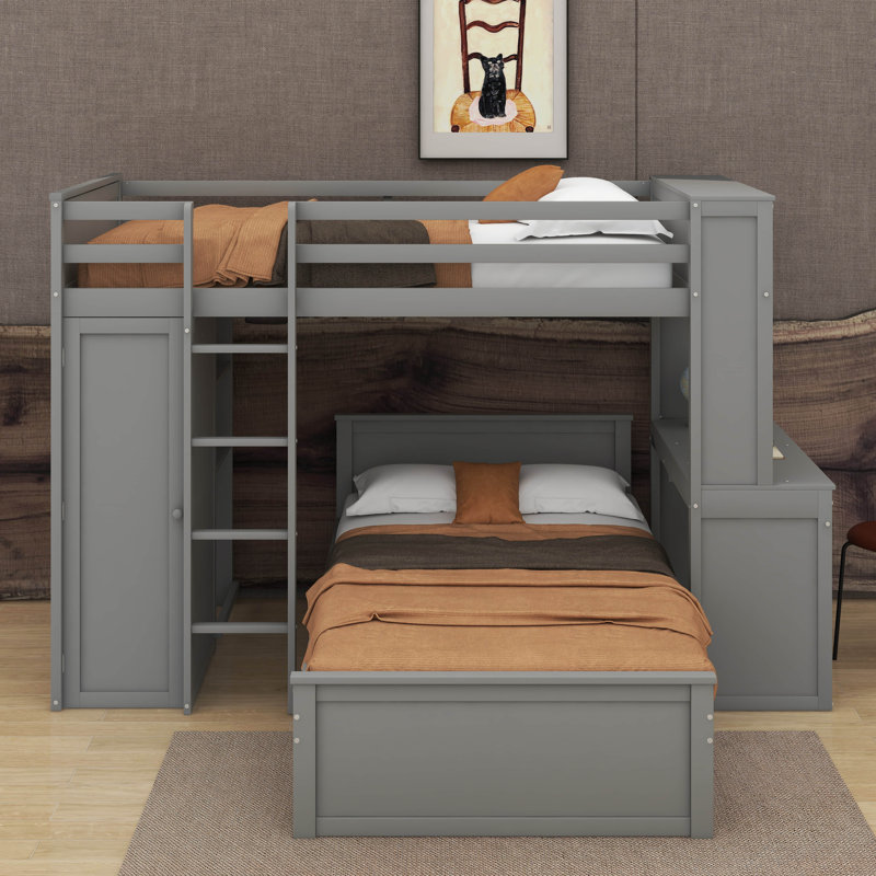 Lit mezzanine simple avec tablettes, bureau et garde-robe, Blanc
