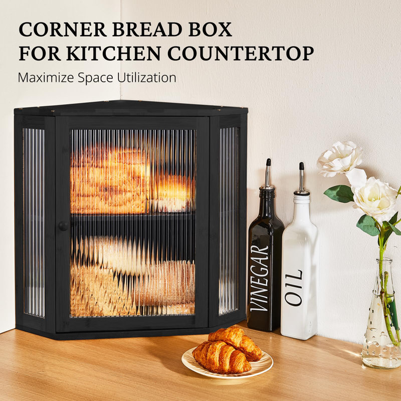 Corner Bread Box for Kitchen Countertop, Double Layer Bamboo Breadbox with Adjustable Partition, Modern Bread Storage Organizer
