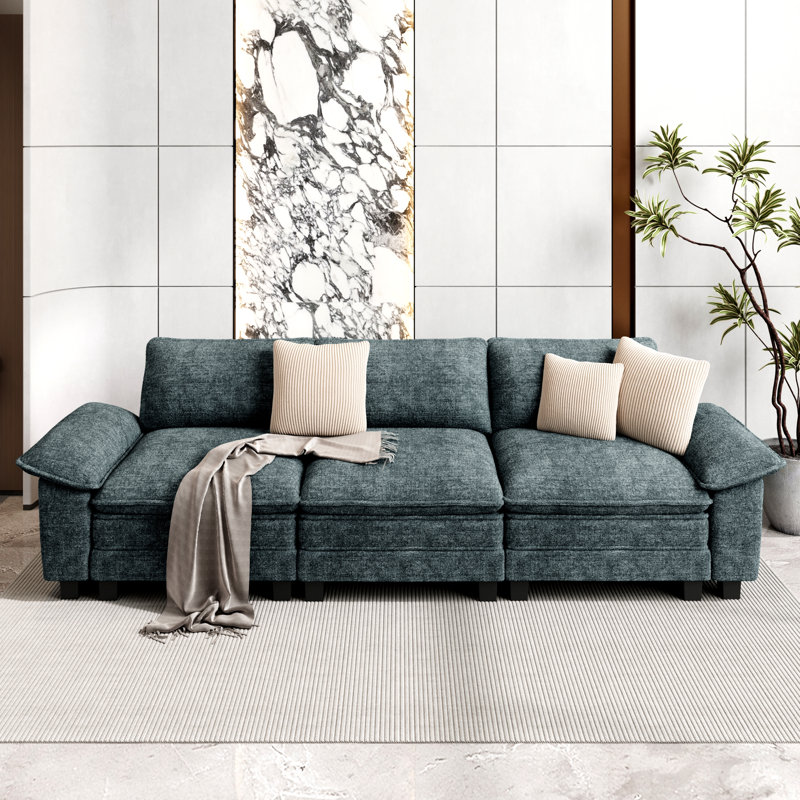 124" Modular Sectional Sofa, Comfy Cloud Couch for Living Room, 3-Seater Deep Seat Sofa with Throw Pillow, 3, Beige Corduroy
