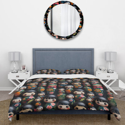 Vibrant Japan Kokeshi Doll Diversity Duvet Cover