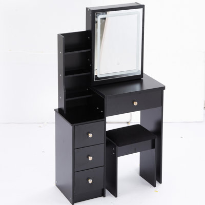 Compact Left Bedside Vanity With Led Mirror, Adjustable Brightness & Color Choices, Cushioned Seat, , Black, For Small Rooms Space- Dressing Stool Touch Control Variable And Switching, Black American