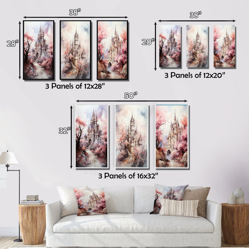 «Castles Pastel Dreams II», 3 pièces sur toile, Toile tendue, H 20 po x l 36 po