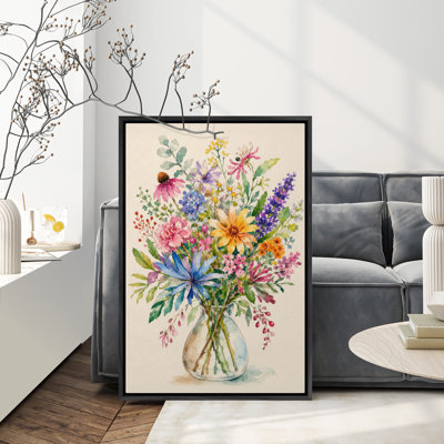 Colorful Wildflower Bouquet in Glass Vase Artwork, Garden Floral Decor, Framed Print Wall Art