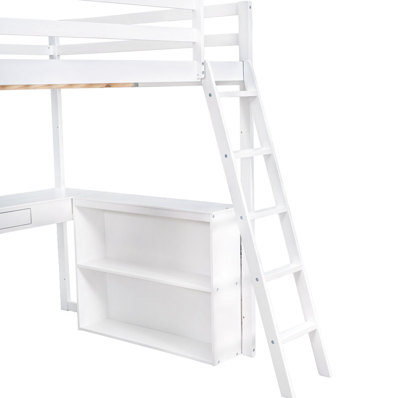 Lit mezzanine double blanc avec tablettes, bureau - bureau d'apparence moderne pour chambre à coucher