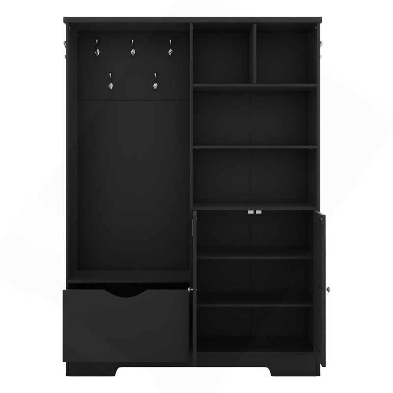 Arbre d'entrée multifonctionnel avec tablettes et tiroirs de rangement, armoire à chaussures élégante avec banc, portemanteau moderne avec crochets pour les entrées de couloir, noir