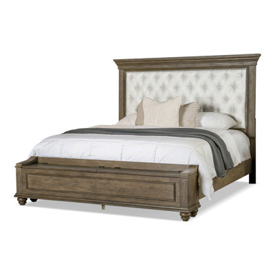 Traditional King Size Bed Fb Bench W Storage Bedroom Furniture Beige Padded Fabric Hb
