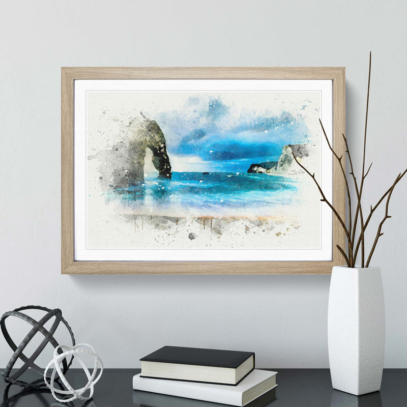 Durdle Door Cliffs in Wareham - Picture Frame Graphic Art Print, 48cm H x 65cm W x 2cm D, Oak Framed