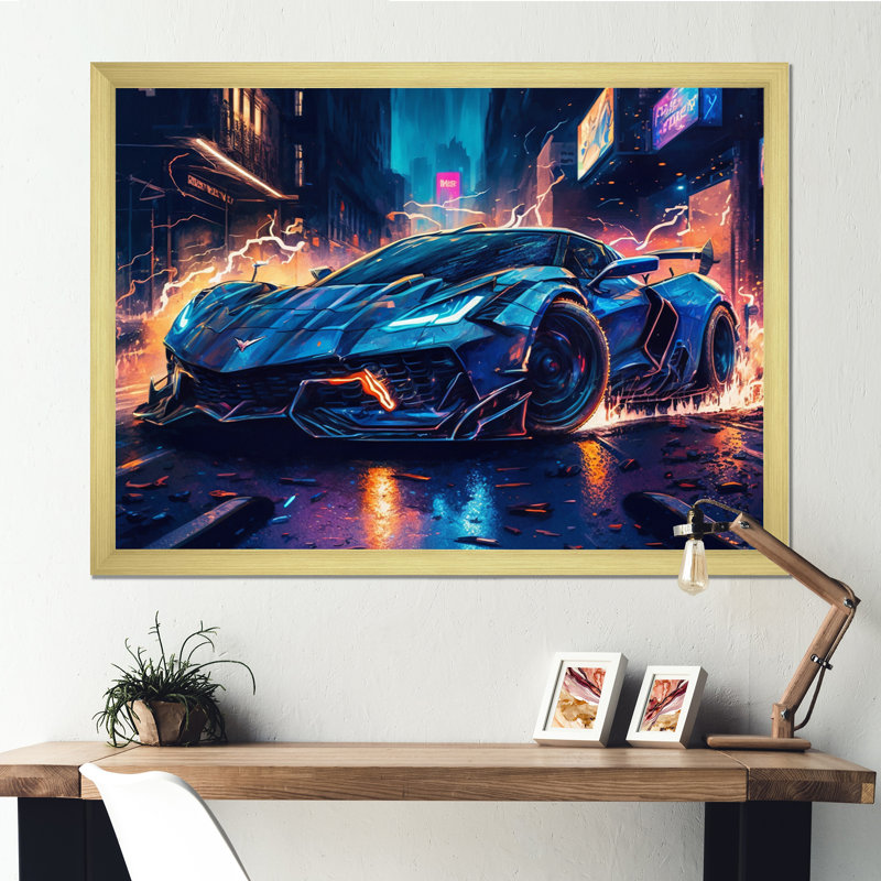 «Blue Car Exotic Car Velocity II», reproduction d'art sur toile, H 12 po x l 20 po x P 1 po, Encadrement doré