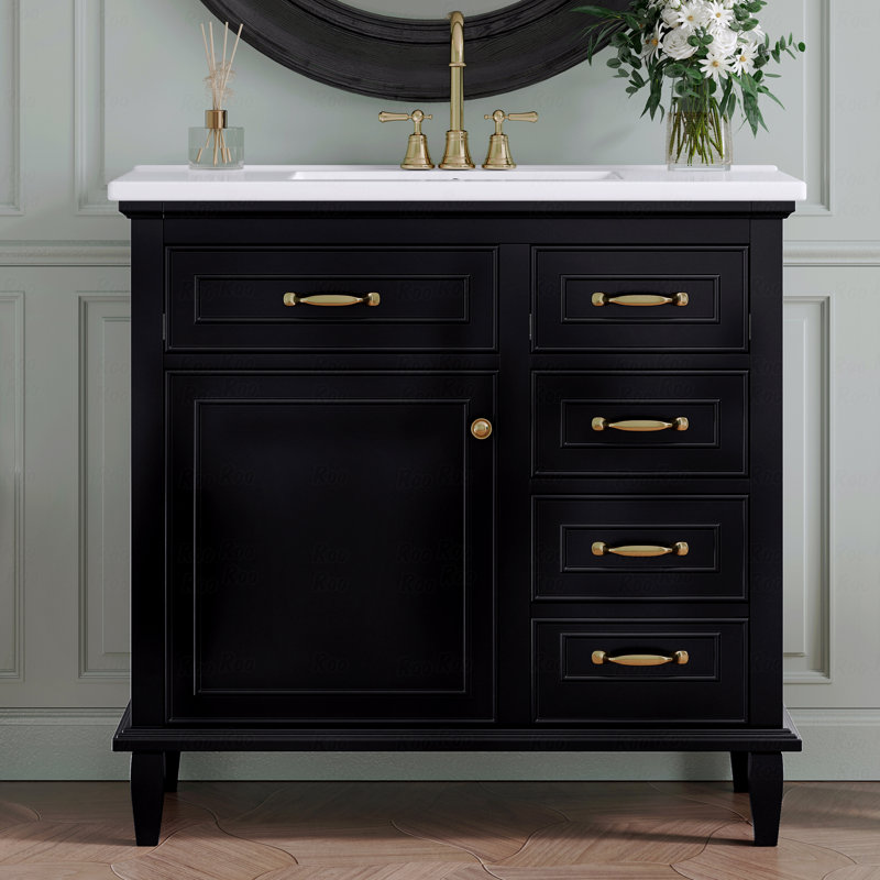 Meuble-lavabo 36 po avec comptoir en céramique, structure en bois massif, armoire en MDF et peuplier, tiroirs rabattables, tablette réglable et poignées en alliage de zinc, armoire de rangement autoportante