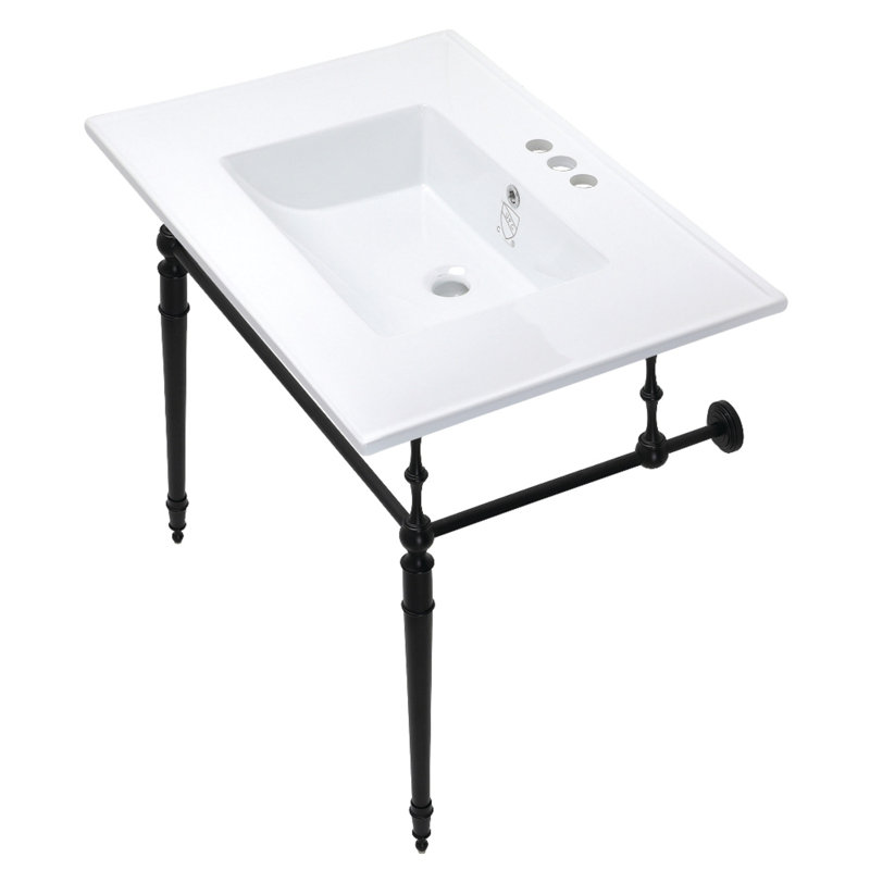 Lavabo de salle de bain console rectangulaire en céramique avec trop-plein Edwardian, Blanc / noir mat