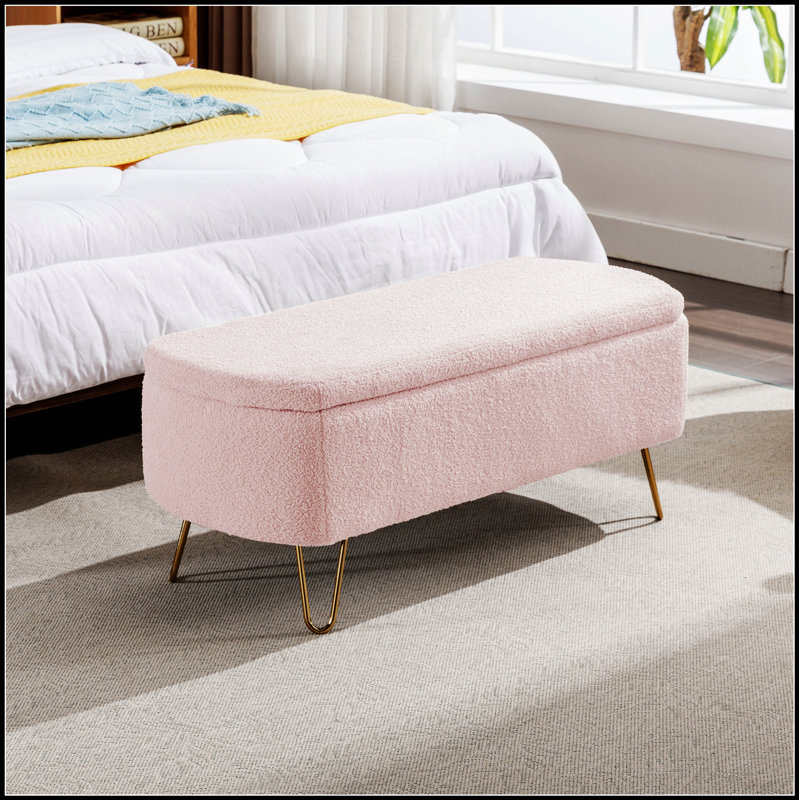 Storage Ottoman Bench for End of Bed  Legs, Modern  Faux Fur Entryway Bench Upholstered Padded, Pink