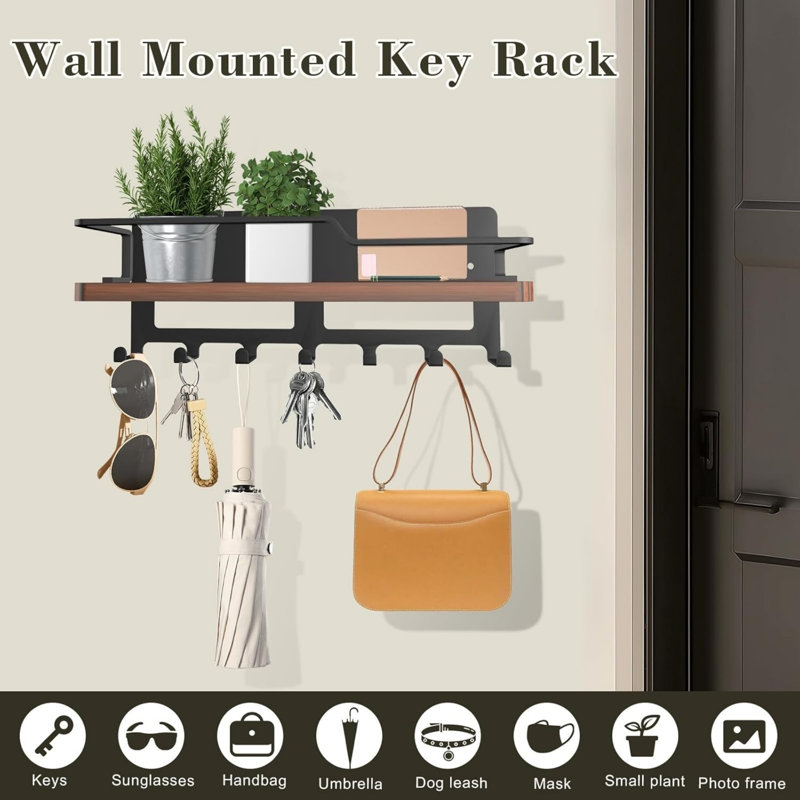 Wood Wall Organizer with Key Hooks