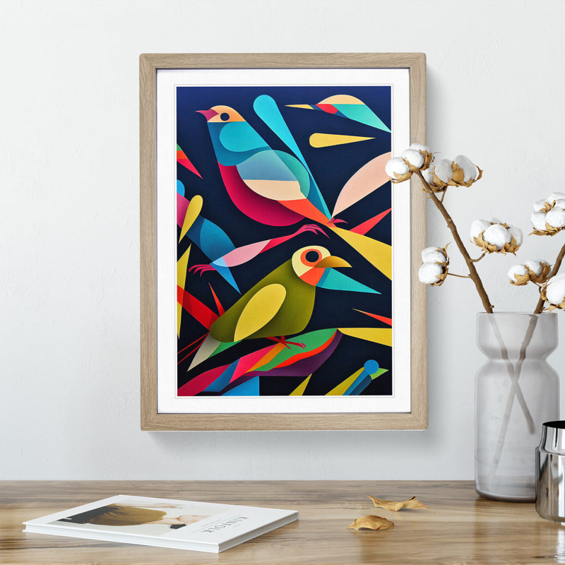 Pair of Birds No.4 Abstract - Wall Art, 36cm H x 27cm W, Oak Framed