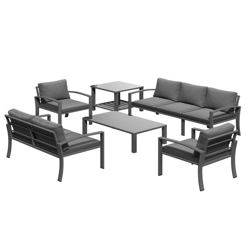 Mobilier d'extérieur moderne 7 places avec table basse et table d'appoint, Gris