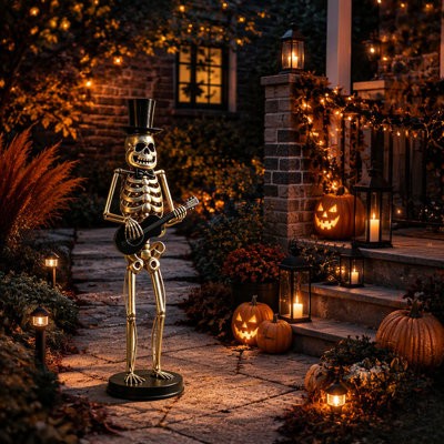 Large Metal Guitar Player Skeleton Statue, Standing Halloween Decor with Top Hat & Bow Tie, Indoor and Outdoor Use