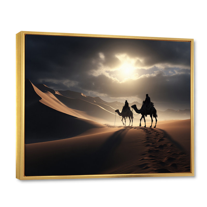 " Camel Majestic Caravan ", 12" H x 20" W x 1" D, Gold Floater Framed