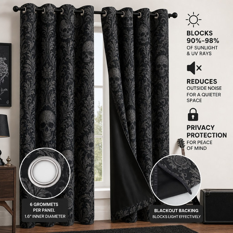 2 pièces crâne de damas bloquant les rideaux de style gothique pour chambre à coucher, 53*96inch*2pcs
