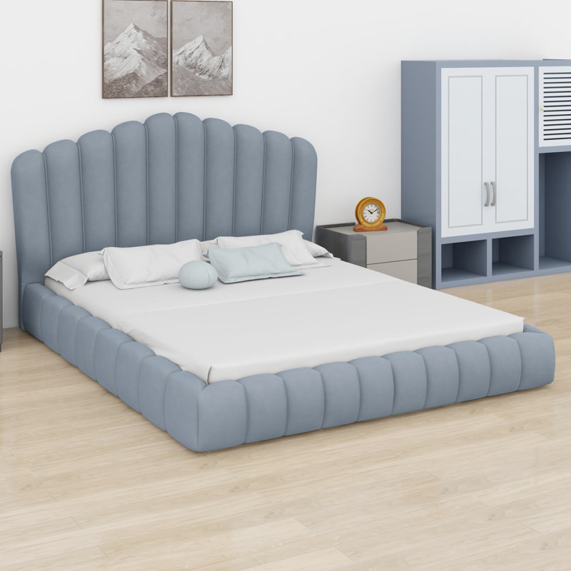 Lit rembourré avec tête de lit en forme de coquillage, Bleu clair