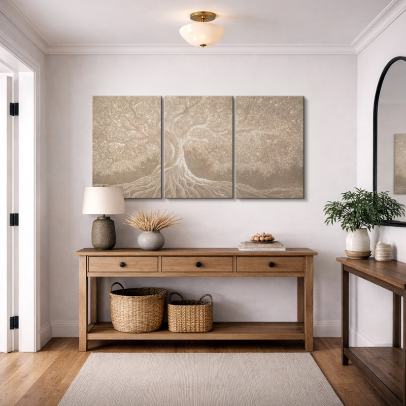 Neutral Beige Tree with Flowing Roots and Branches - Extra Large Pictures Framed Canvas Print 3 Pieces Wall Art