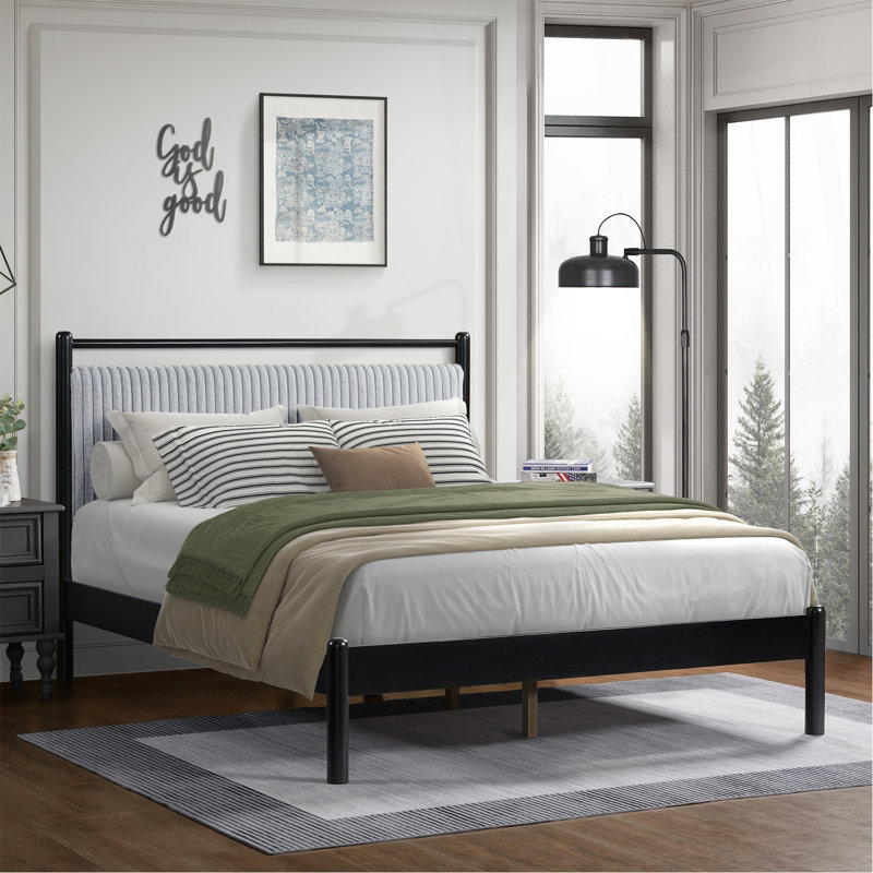 Structure de lit grand en bois avec tête de lit moelleuse, Grand lit