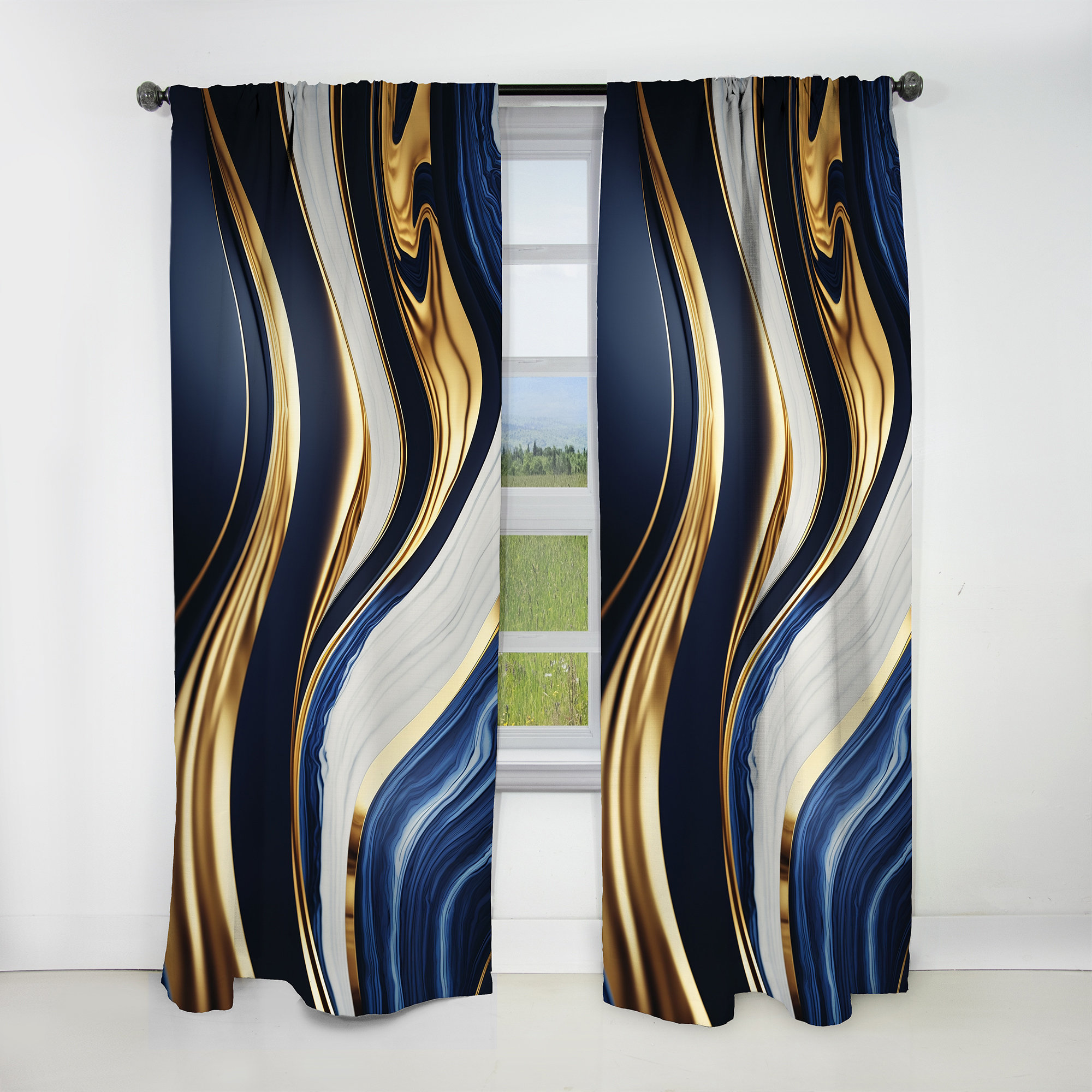 Design Art Abstract Geode Waves Blue And Gold V - Modern Curtain