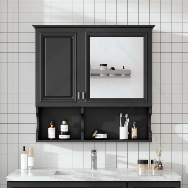 Armoire à pharmacie à miroir avec tablettes ouvertes, rangement mural avec portes et miroir, tablette réglable, armoire de rangement pour salle de bain au-dessus de la toilette