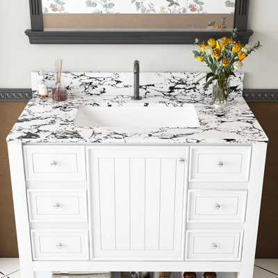 Bathroom Vanity Top With Backsplash, Engineered Stone, Integrated Ceramic Sink, Pre-Drilled Hole, Contemporary, Bathroom
