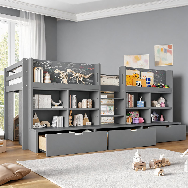 Lit mezzanine simple pour lit d'enfant en pin massif et contreplaqué gris avec rangement intégré et coin de jeu