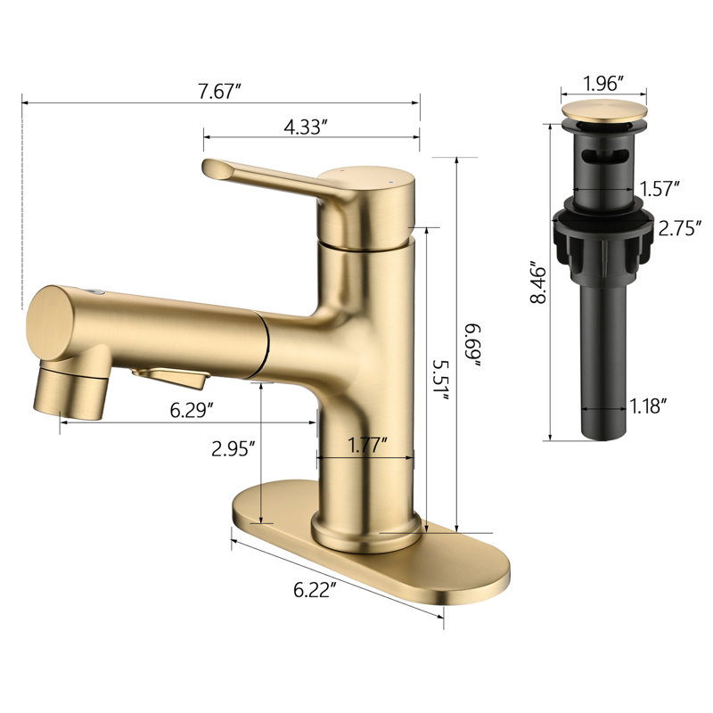 Robinet de salle de bain brossé à fixation sur le comptoir - escamotable, poignée simple, robinet de vidange escamotable de conception moderne carrée avec et