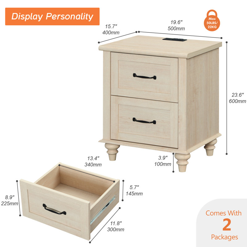 Set Of 2 Beige End Tables With Charging Station & 2 Drawers