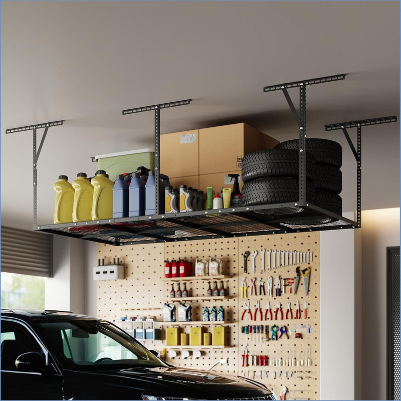 Garage Overhead Storage Racks with Stable Triangle Support - Heavy-Duty Steel Ceiling Mount Racks for Garage Storage, Adjustable Height, 600lbs Capacity Garage Organization System