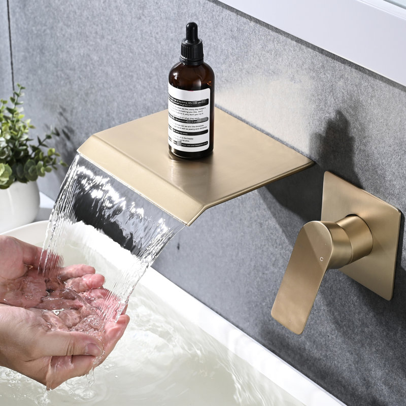 Modern Brushed Gold Bathroom Sink Faucet - Wall Mounted With Waterfall Spout And Construction Stainless Steel Mounted, Gold, Style Smooth Operation