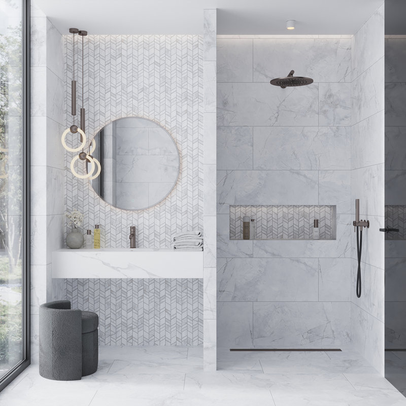 Strata 10 X 12 In. Matte Dove-Grey, White Porcelain Mosaic Chevron Wall And Floor Tile (9.88 Sq Ft/Case) - 11 Pack