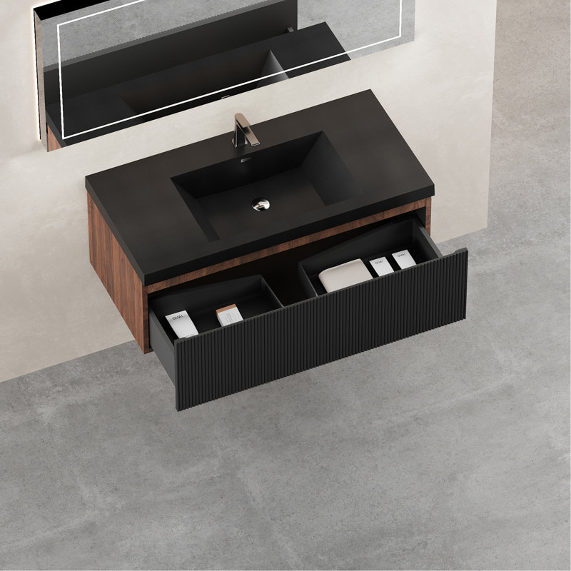 Meuble-lavabo flottant avec lavabo, meuble de rangement mural rayé avec tiroirs à fermeture en douceur et cuve à sable en quartz noir, entièrement assemblé