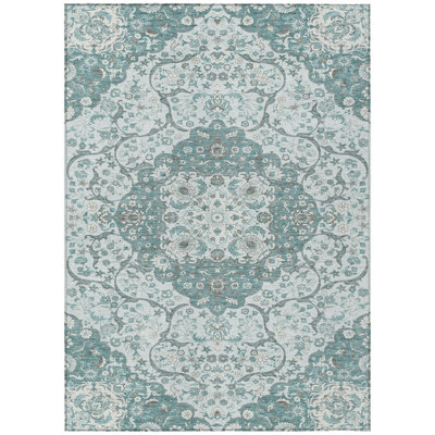 8' X 10' Teal Blue And Ivory Medallion Washable Indoor Outdoor Area Rug