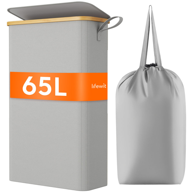 65l Slim Laundry Hamper With Lid, Narrow Laundry Basket With Removable Bag & Bamboo Handles, Fodable Thin Dirty Clothes Hamper For Laundry Collapsible Bin For Bathroom Bedroom Dorm