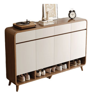 Spacious Entryway Shoe Cabinet with Open Shelf & Drawers, Mid-Century Modern Console for Foyer & Living Room