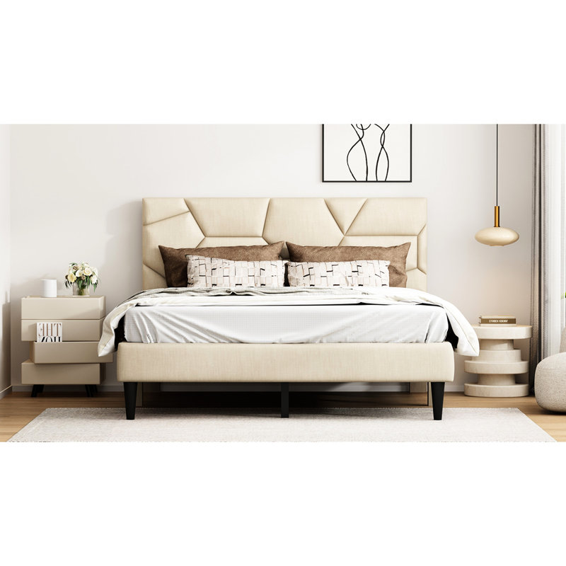 Cadre de grand lit, couleur beige - solide, stable, sans sommier, avec pieds antidérapants et cadre de chambre à coucher avec rangement