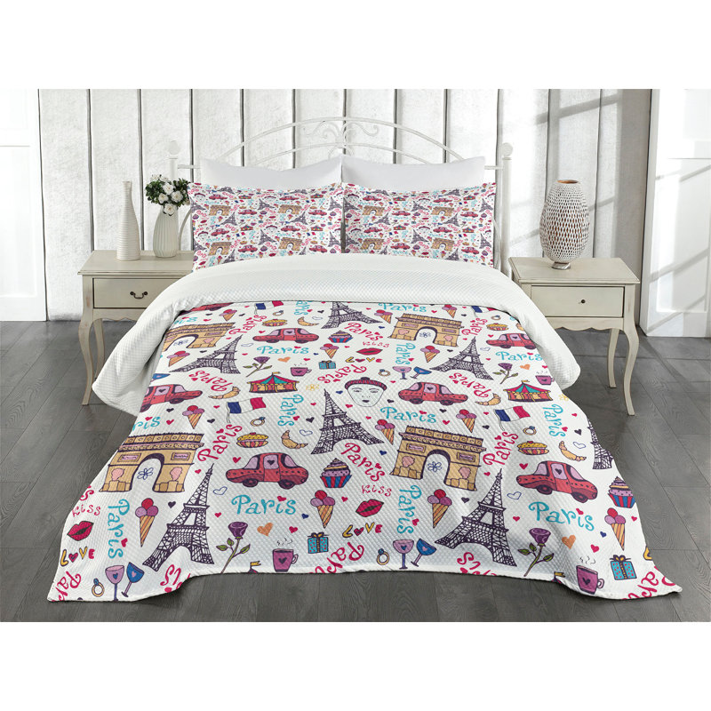 Ambesonne Paris Bedspread Set Cartoon Car Eiffel Wine Rose Multicolor