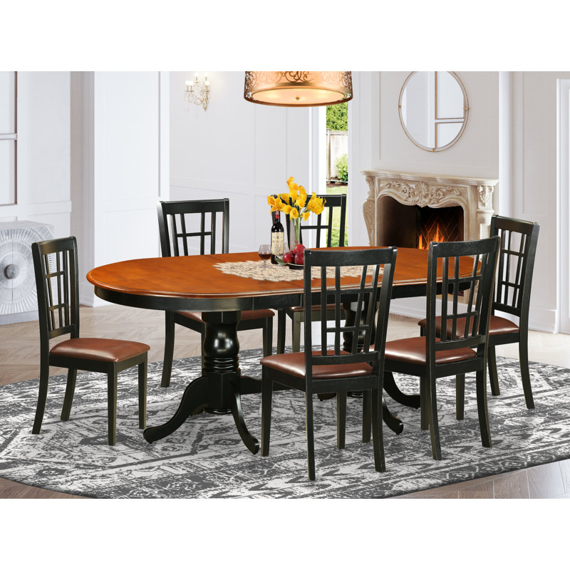 7 Piece Modern Dining Table Set Consist of an Oval Wooden Table with Butterfly Leaf and 6 Faux Leather Dining Room Chairs, Black & Cherry
