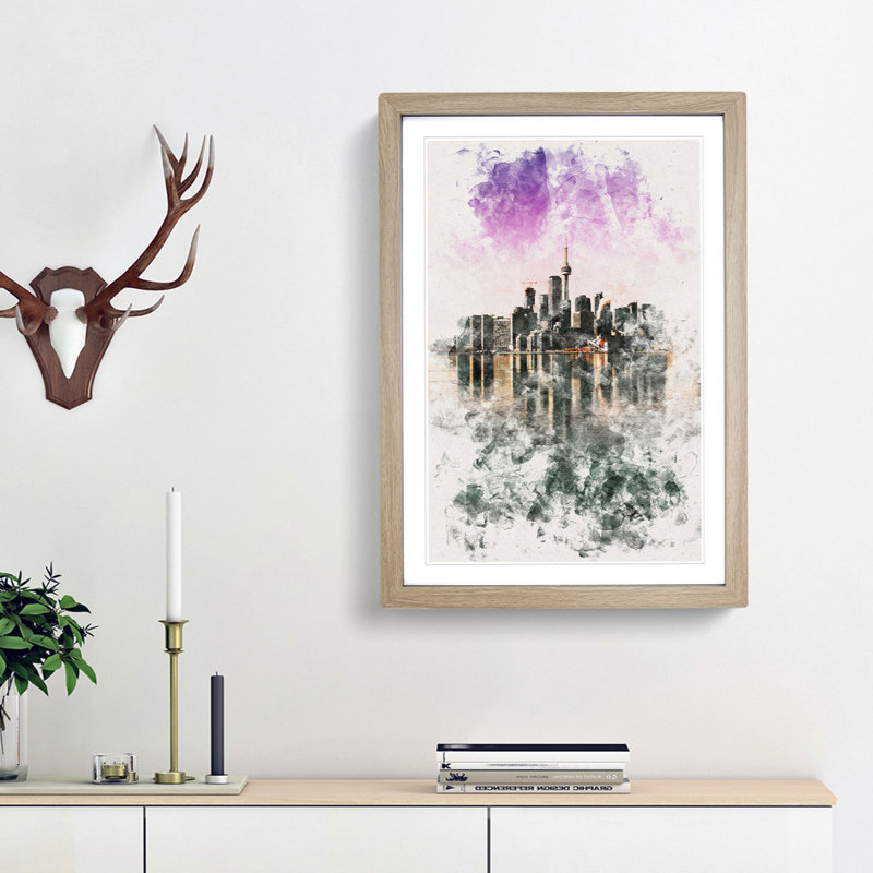 Skyline of Toronto in Canada - Picture Frame Graphic Art Print, 63cm H x 45cm W x 2cm D, Oak Framed