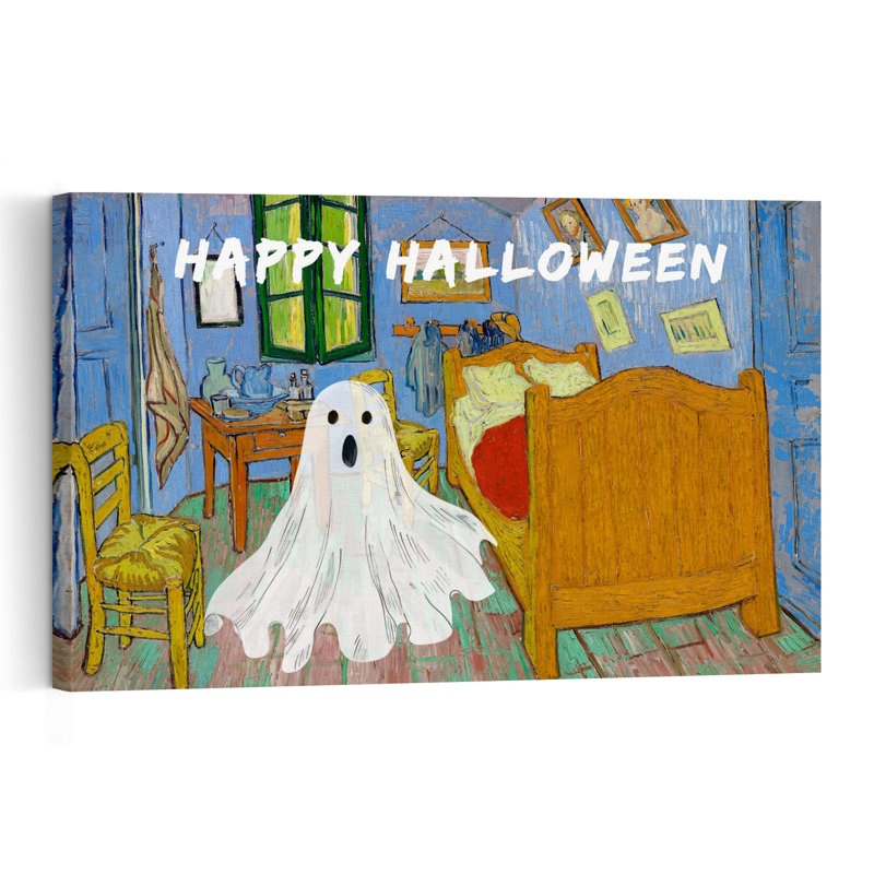 Affiche murale abstraite et contemporaine représentant un fantôme joyeux Halloween dans une chambre à coucher : architecture contemporaine et ludique