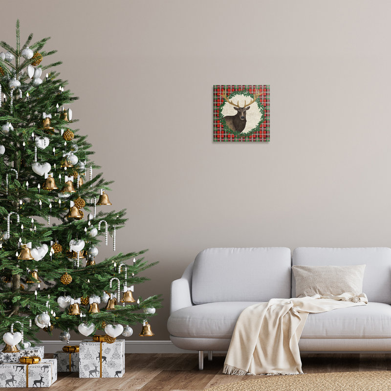 «Festive Plaid Elk», art mural sur toile par Paul Brent, H 17 po x l 17 po