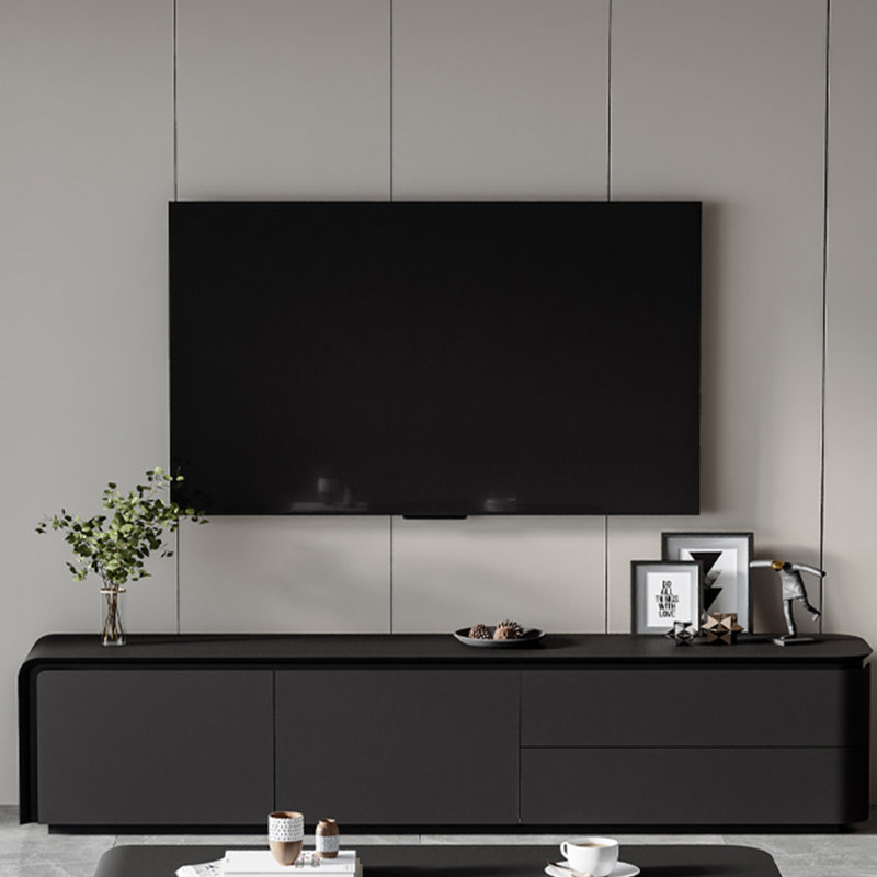 Meuble télé ouvert avec grand rangement, 86.61", Noir, noir, noir, noir
